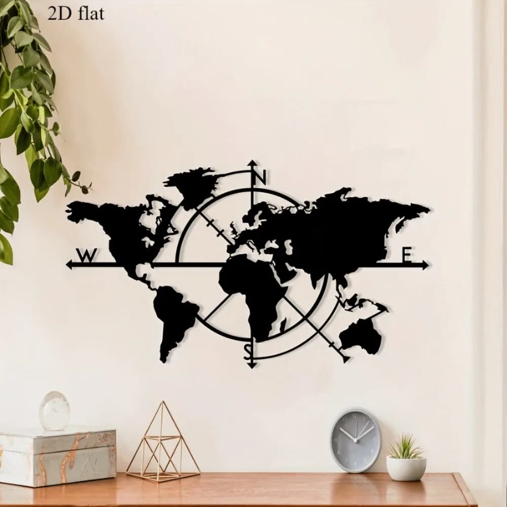 Quadro decorativo de parede mapa-múndi preto 2D em metal com bússola em ambiente moderno