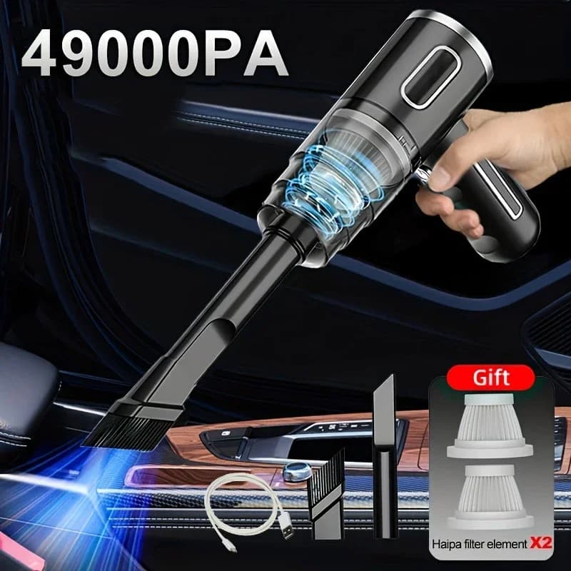 Aspirador de mão portátil preto e cinza com luz LED e potência de sucção de 49000PA