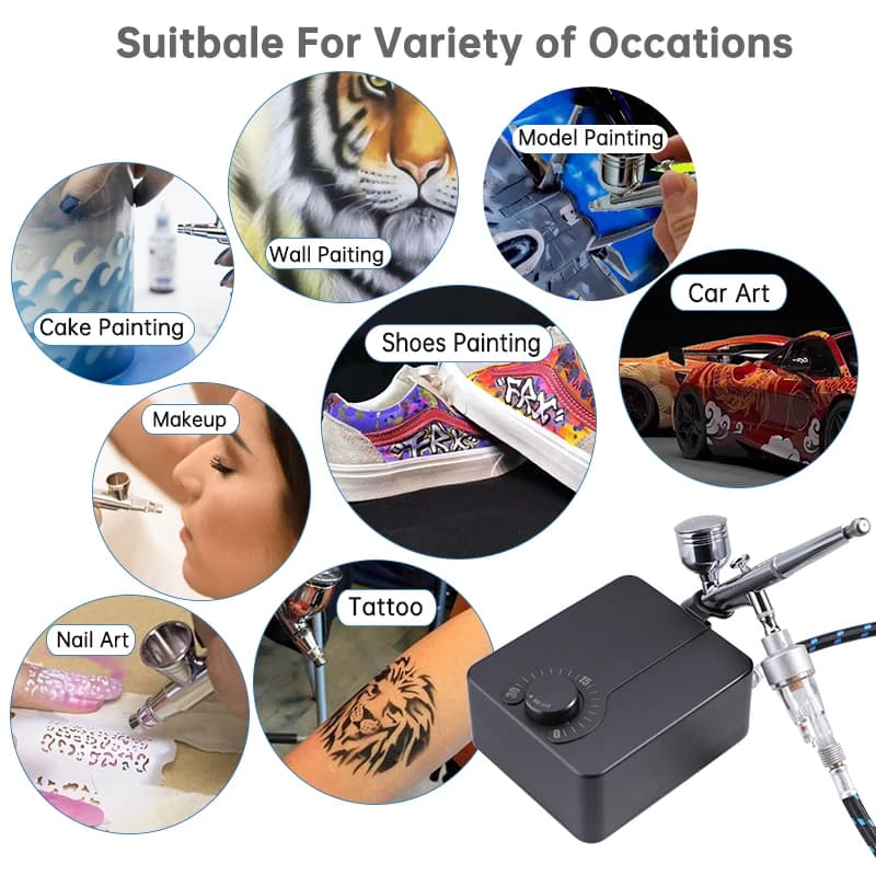 Kit aerógrafo SAGUD com compressor preto usado para pintura de bolos, paredes, modelos, carros, maquiagem e tatuagens