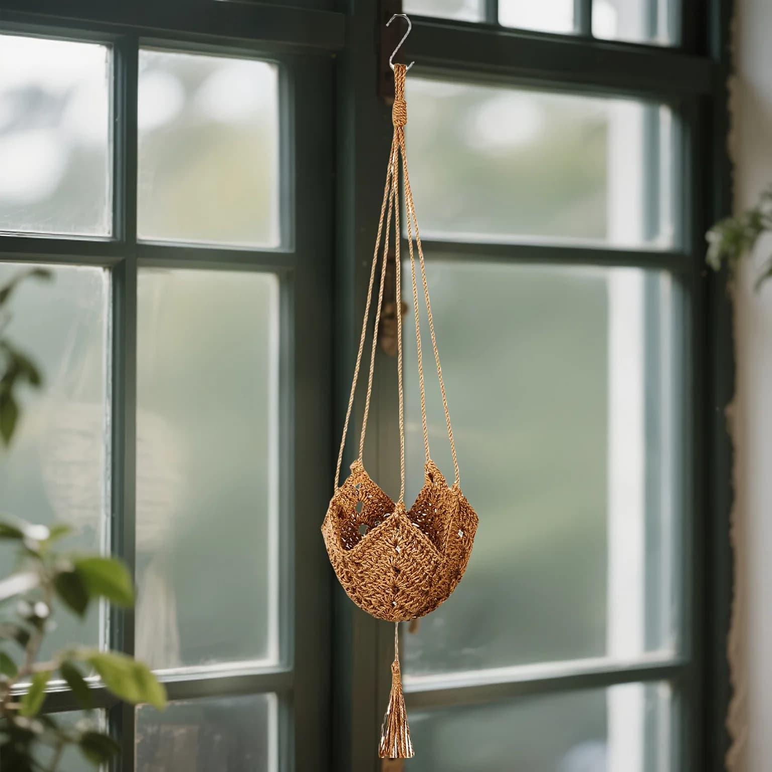 Suporte de plantas suspenso boho macramê de juta marrom pendurado em janela com fundo desfocado
