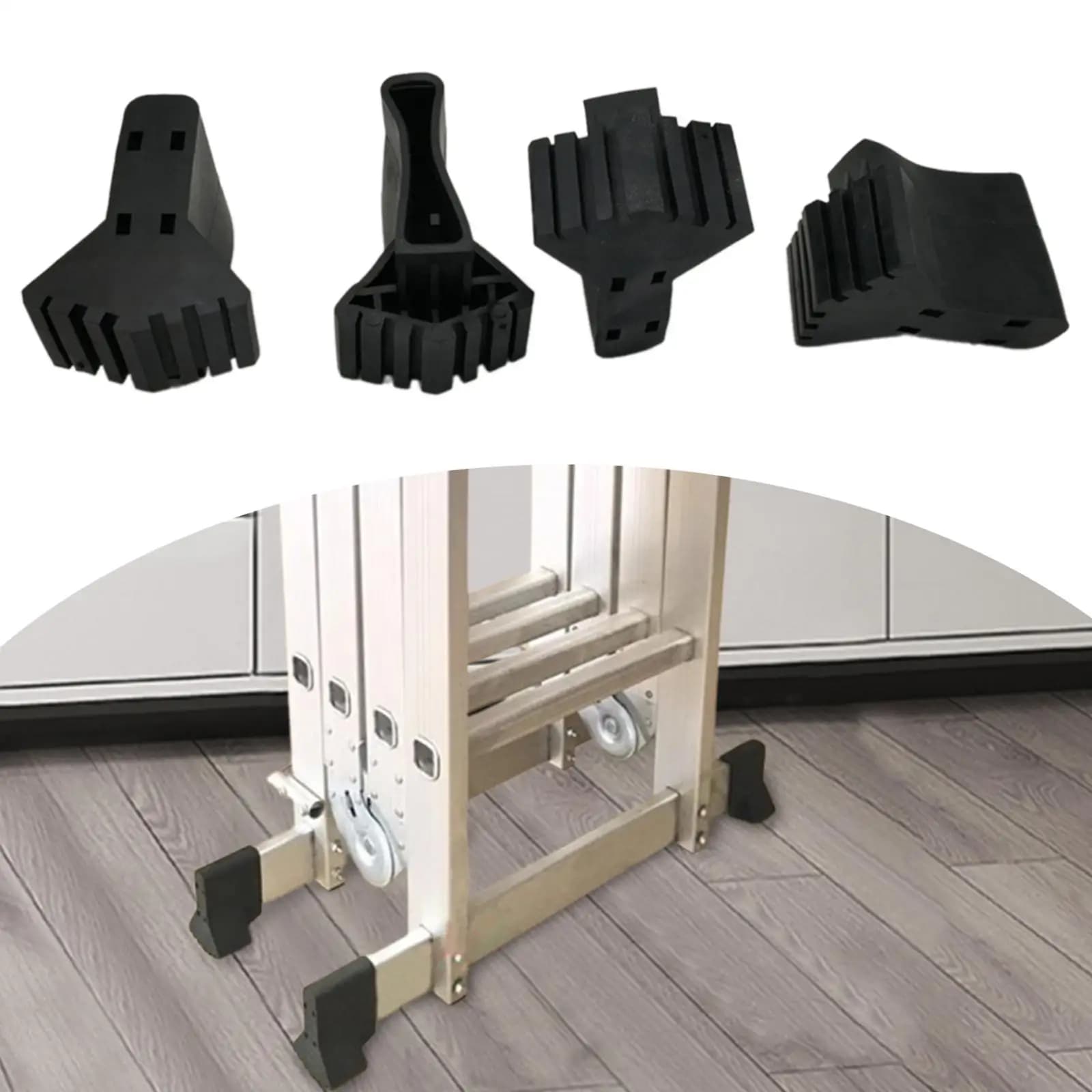 Capa para pé de escada preta instalada em escada profissional com kit 4 peças antiderrapante