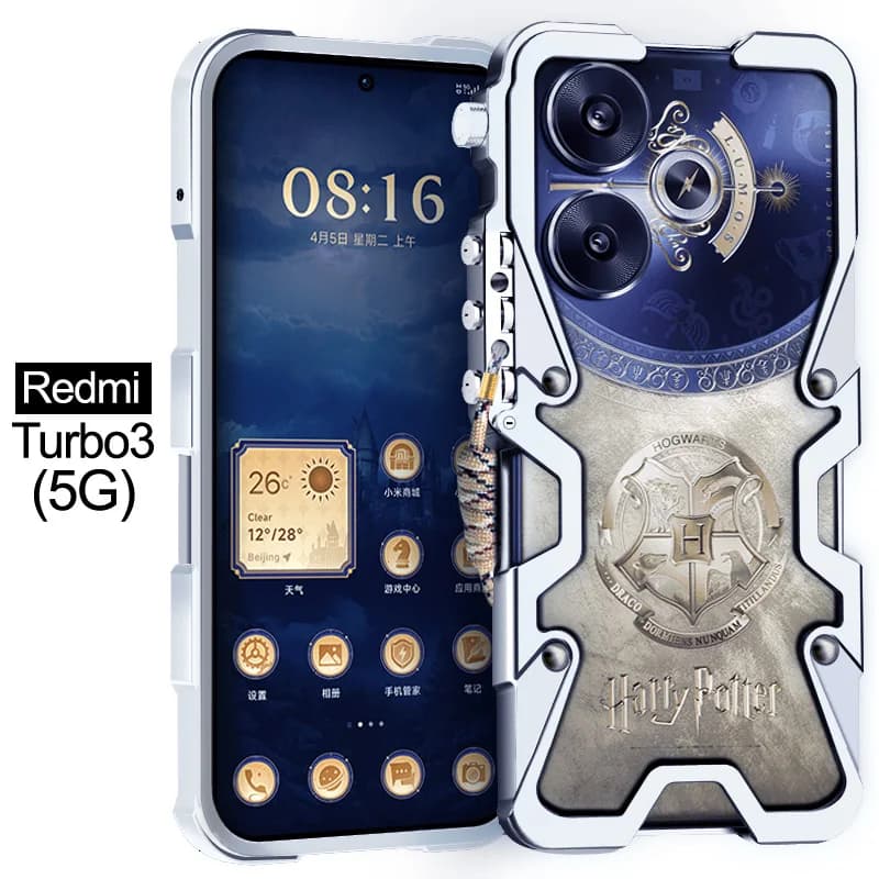 Capa metálica preta para Xiaomi Redmi Turbo 4 com escudo Hogwarts e proteção com pára-choques