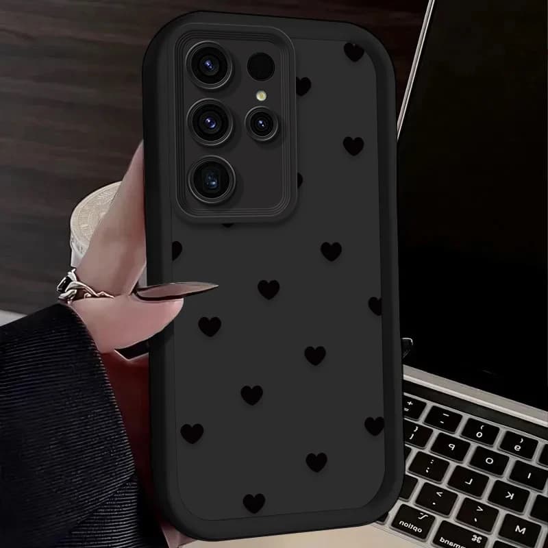 Capa de Telefone Pequena em Forma de Coração Preto para Samsung Galaxy S24 S25 S23 Ultra S22 S21 Plus FE A36 A56 A26 A16 A06 A15 A25 A35 A55 5G