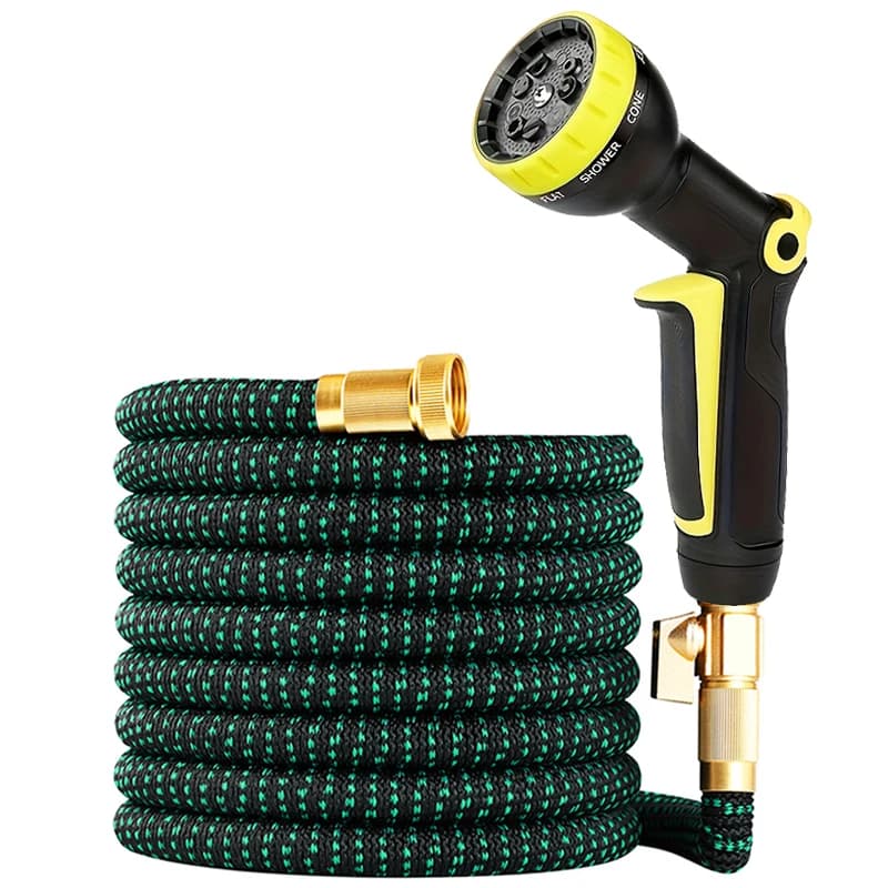Mangueira de água expansível de alta resistência com conector rápido e bico ajustável, verde e preta.