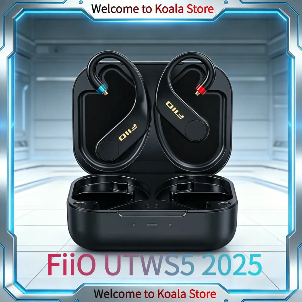 Fones de ouvido Bluetooth FiiO UTWS5 2025 em estojo preto com conectores de 2 pinos