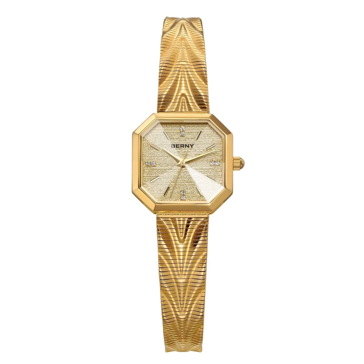 Relógio de pulso dourado BERNY com mostrador octogonal e pulseira de malha metálica