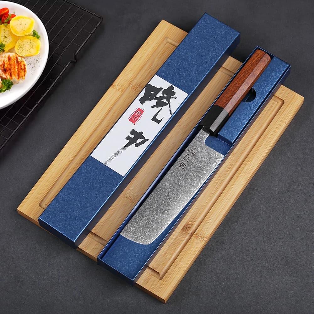 Faca japonesa nakiri 6.5 polegadas 67 camadas de aço damasco em embalagem azul