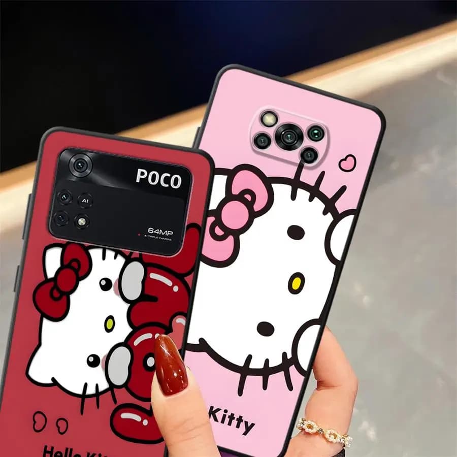 Capa de telefone Hello Kitty para Xiaomi Poco, rosa e preto com design de Hello Kitty