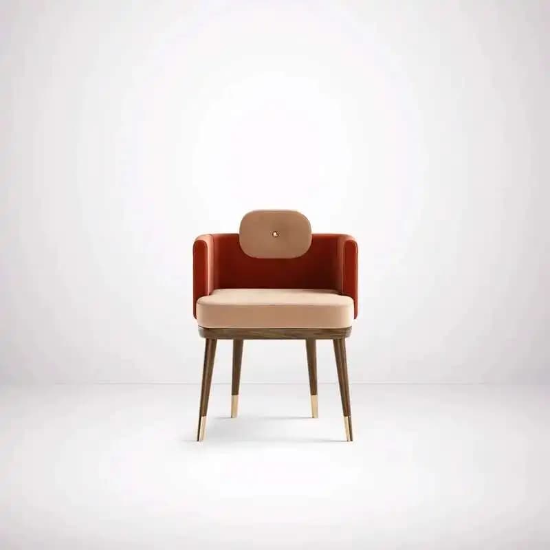 Cadeira TLDM Furniture FG16 com assento bege e encosto vermelho estilo retrô com pernas de madeira e detalhes dourados