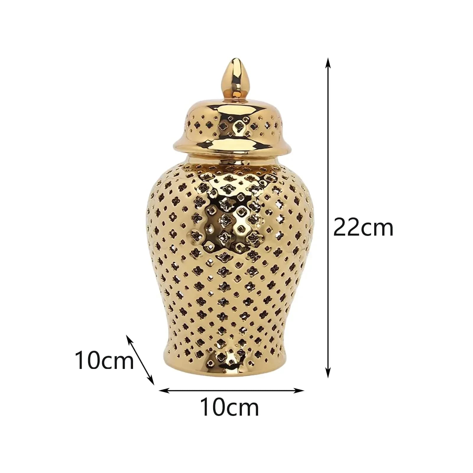 Vaso decorativo dourado em cerâmica com tampa, design vazado geométrico, medidas 22cm altura e 10cm largura