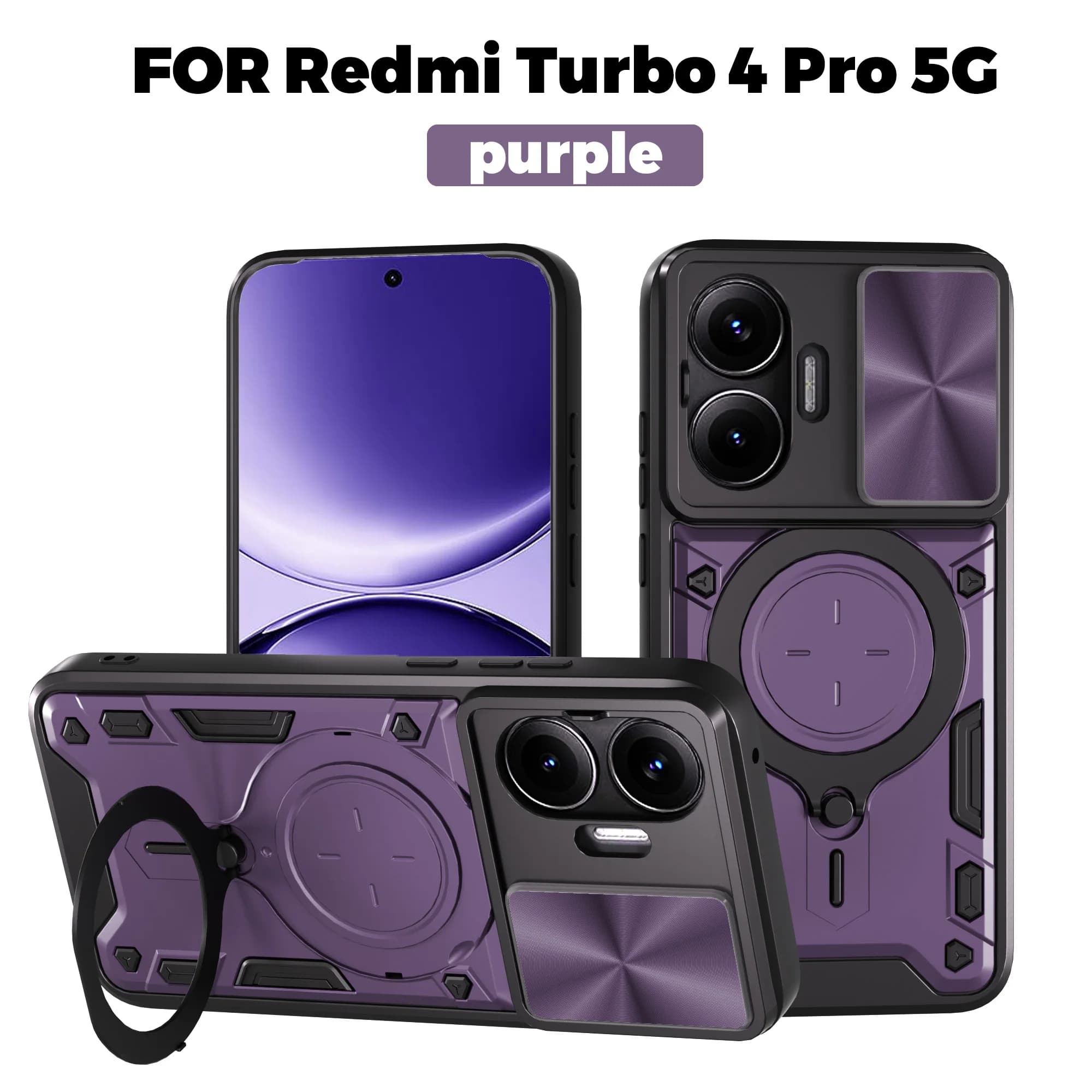 Capa de telefone para Redmi Turbo 4 Pro 5G, cor roxo, com proteção de câmera e suporte.
