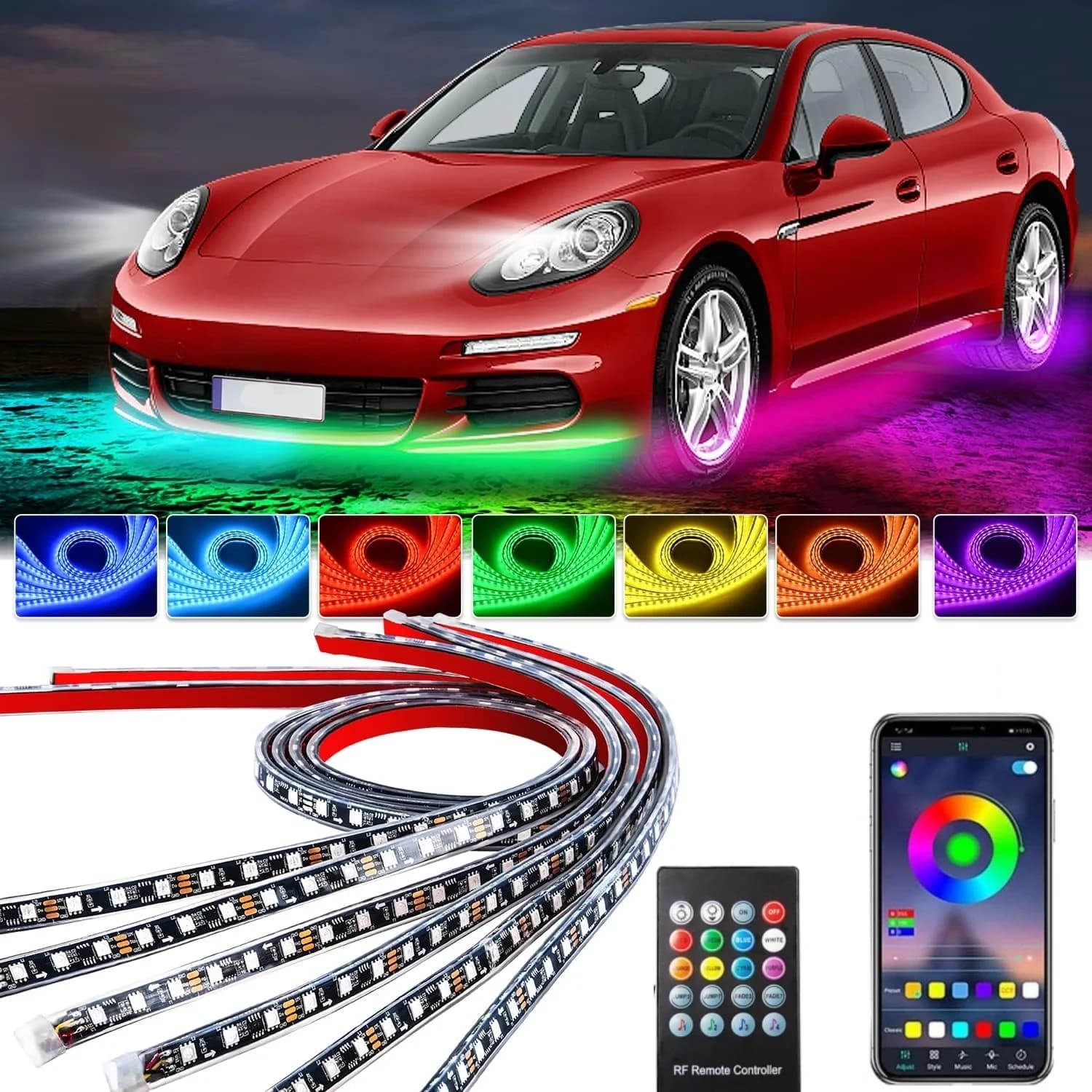Carro Underglow Luz de Neon, Tira LED Flexível, Underbody, Controle Remoto App, RGB Cor Sonho, Auto Decorativo, Lâmpada Ambiente Atmosfera