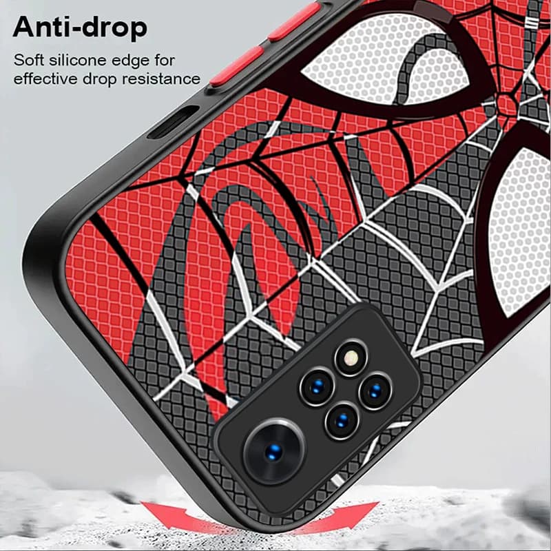 Detalhe da borda de silicone antiqueda da capa vermelha para celular Xiaomi Redmi e Poco Homem-Aranha