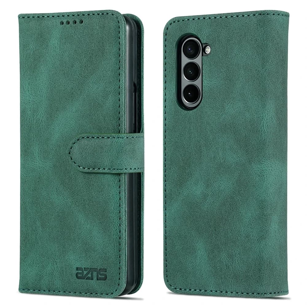 Capa carteira flip verde em couro para Galaxy Z Fold 7 com logo AZNS e proteção traseira para câmera