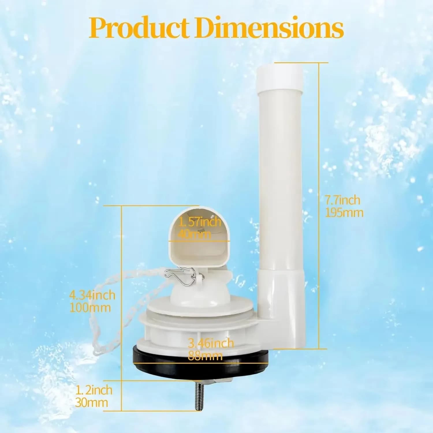 Dimensões da válvula de descarga branca para vaso sanitário com tubo vertical e base circular de 2 polegadas