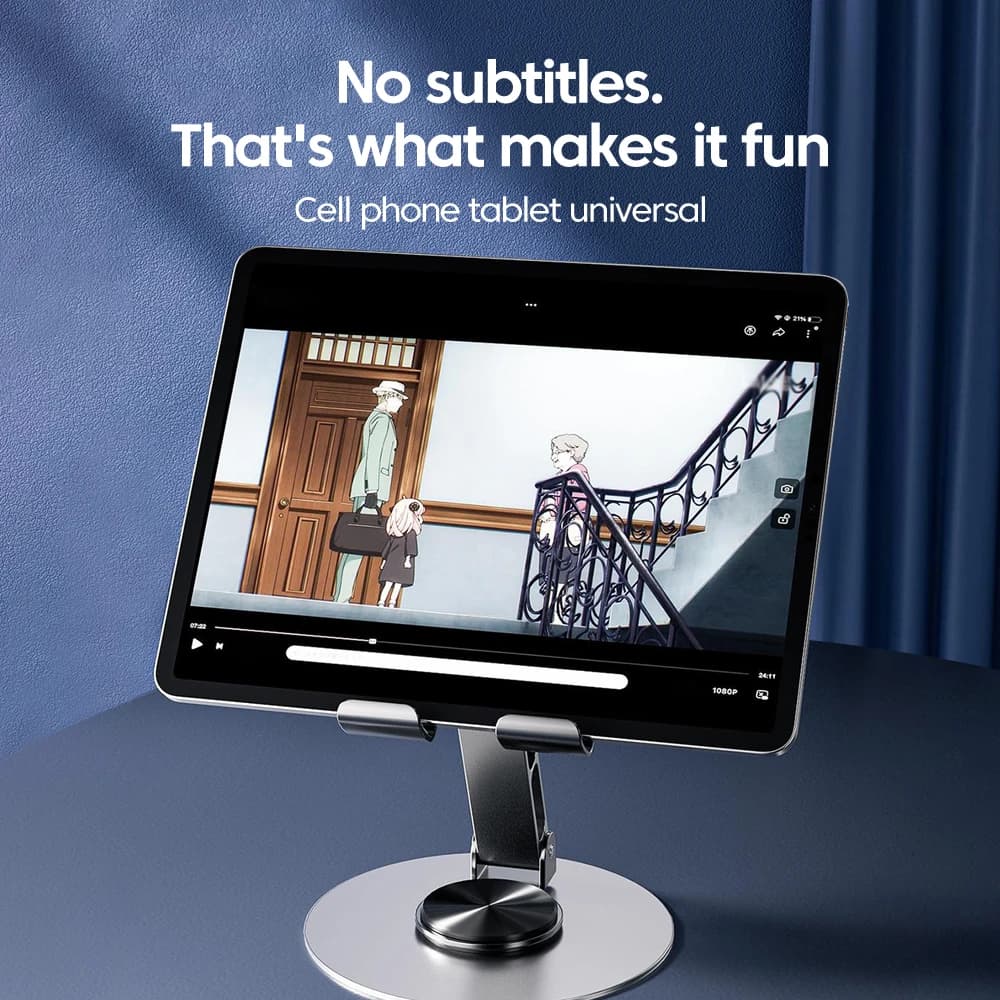 Suporte universal para celular e tablet Jácotei prata em metal com design dobrável e portátil