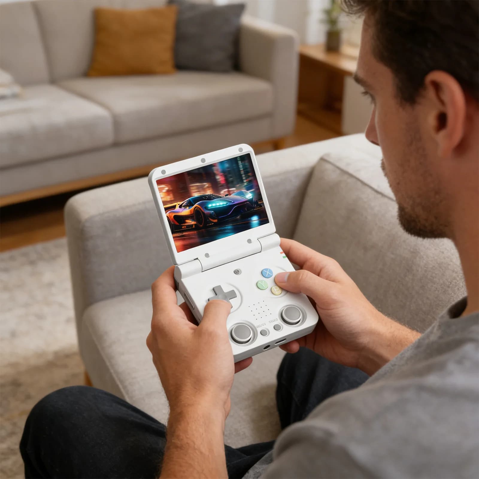 Console de jogo portátil retrô dobrável com design flip cinza