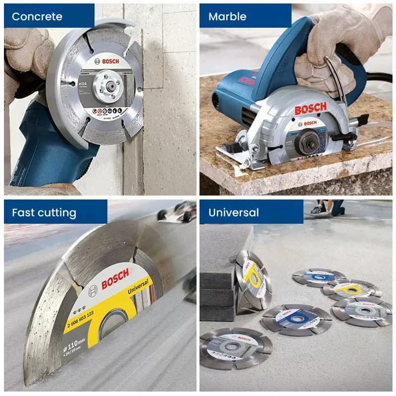 Disco de corte Bosch Universal em uso para concreto e mármore, mostrando versatilidade e corte rápido