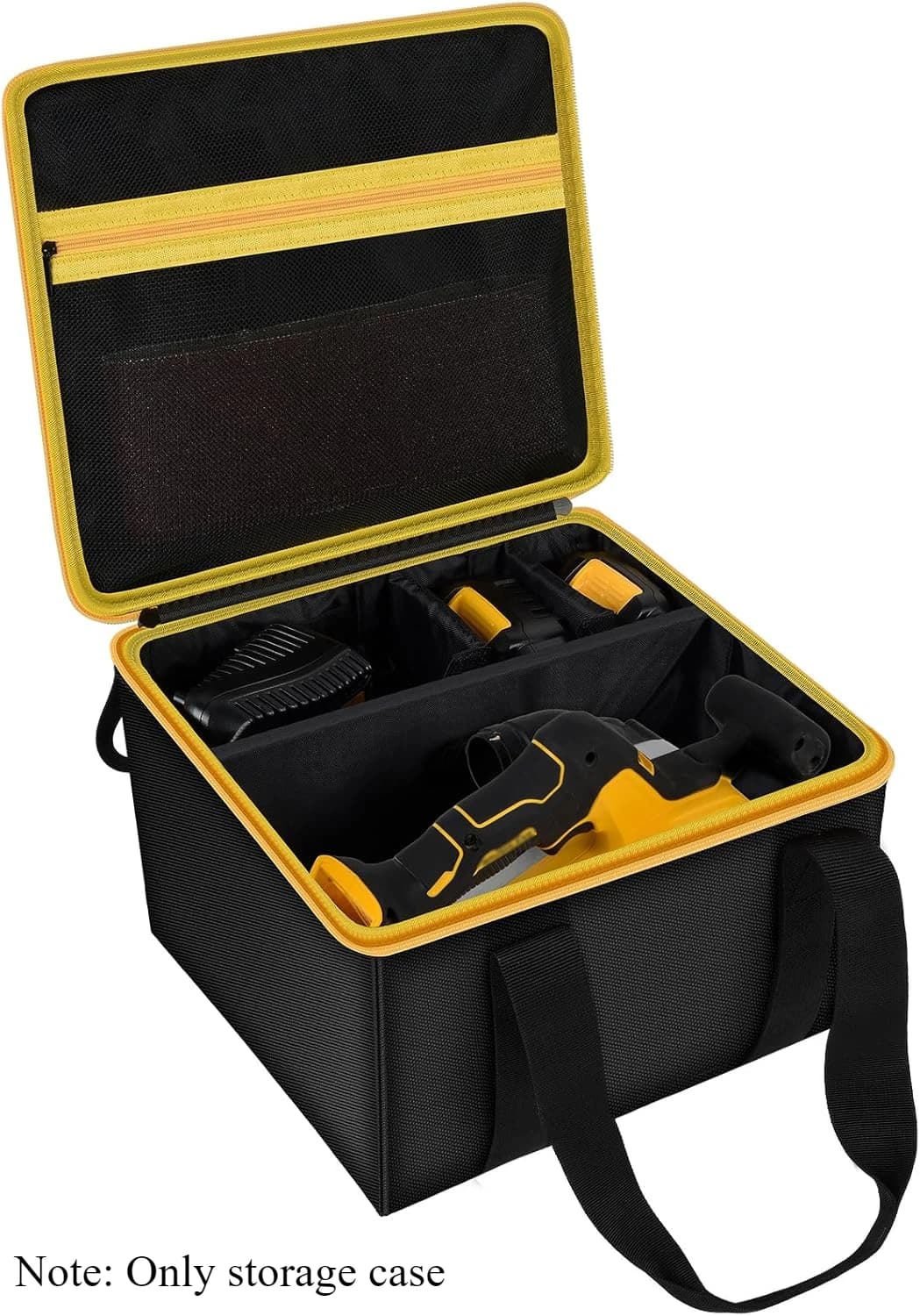 Bolsa preta e amarela para ferramentas com compartimentos e acessórios visíveis