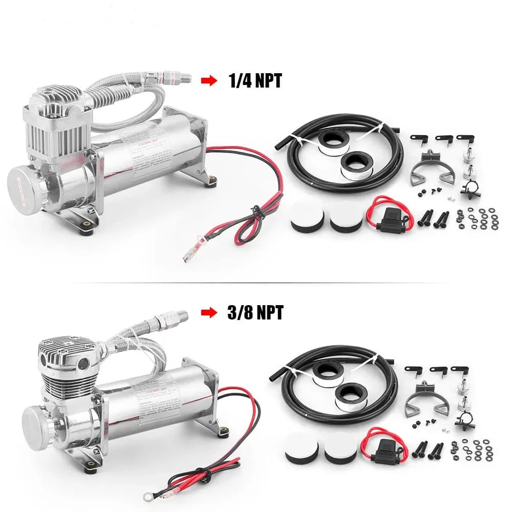 Kit de bomba de compressor de suspensão a ar com conectores 1/4NPT e 3/8NPT, cromado