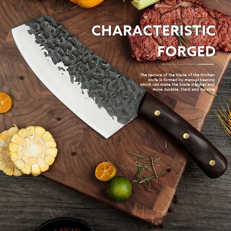 Faca de chef forjada com lâmina de aço inoxidável e cabo de sândalo vermelho