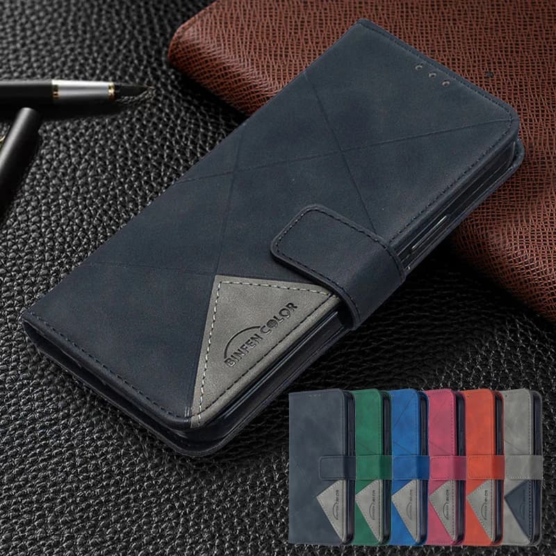 Capa de telefone de couro preto com design de triângulo cinza e logotipo Sunten Color