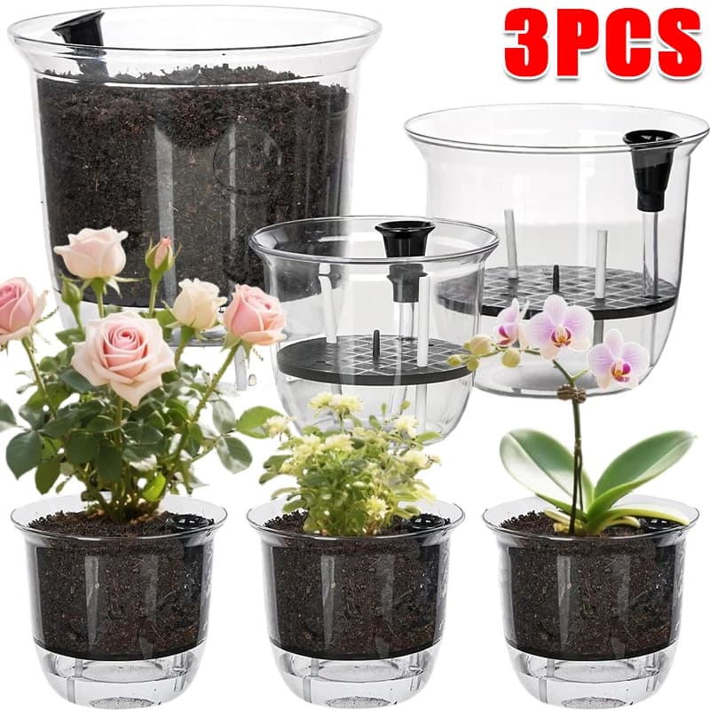 Set de vasos autoirrigáveis de plástico transparente para plantas hidropônicas