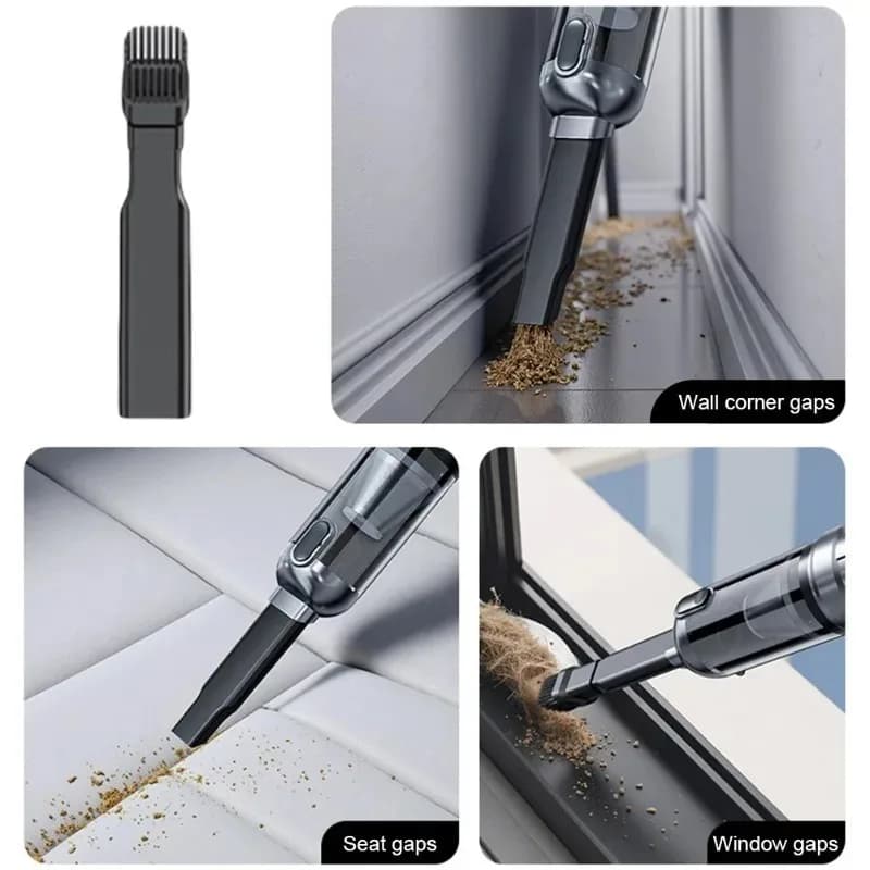 Aspirador portátil sem fio preto com bico para cantos, frestas de janela e assento, removendo sujeira