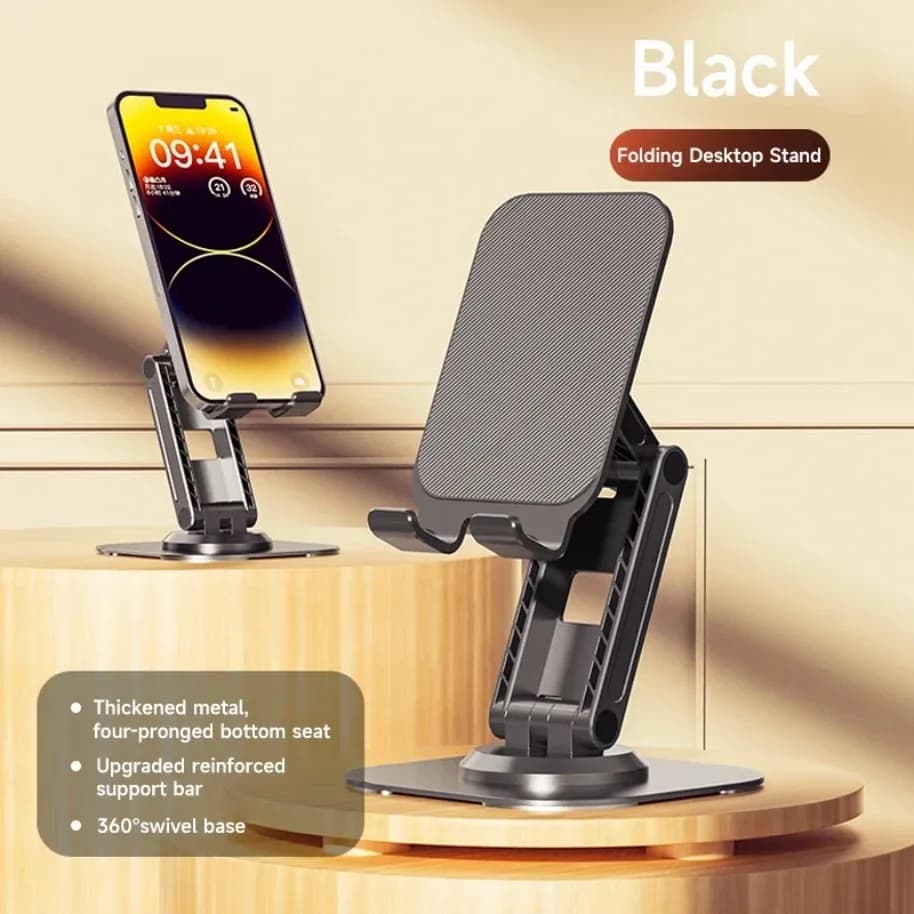 Suporte de mesa dobrável preto em metal para celular e tablet, base giratória 360° ajustável