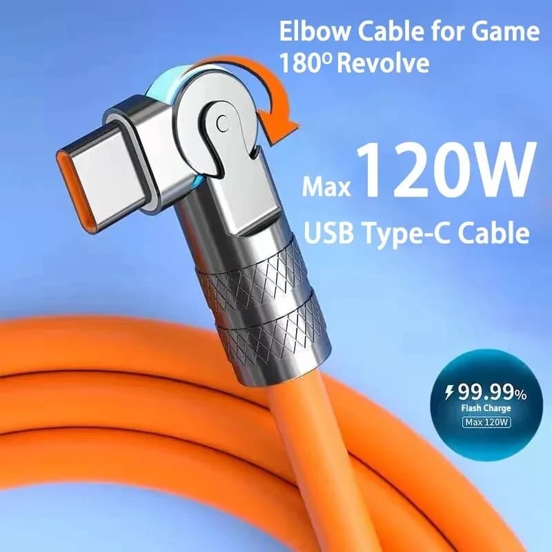 Cabo de carregamento USB tipo C de 120W com rotação de 180 graus para dispositivos móveis