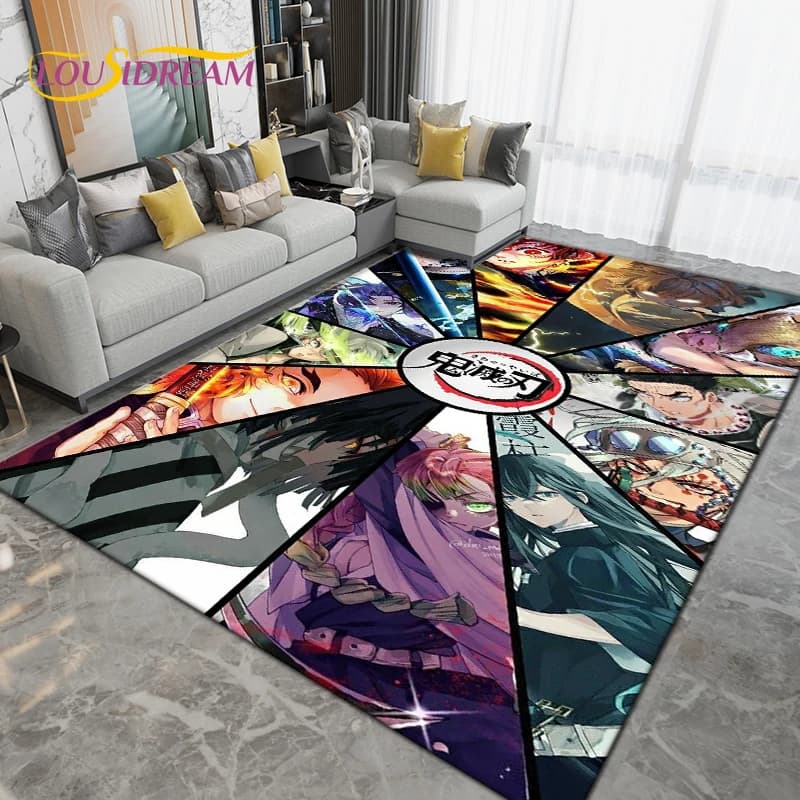 Tapete infantil Demon Slayer antiderrapante com design circular e múltiplos personagens coloridos