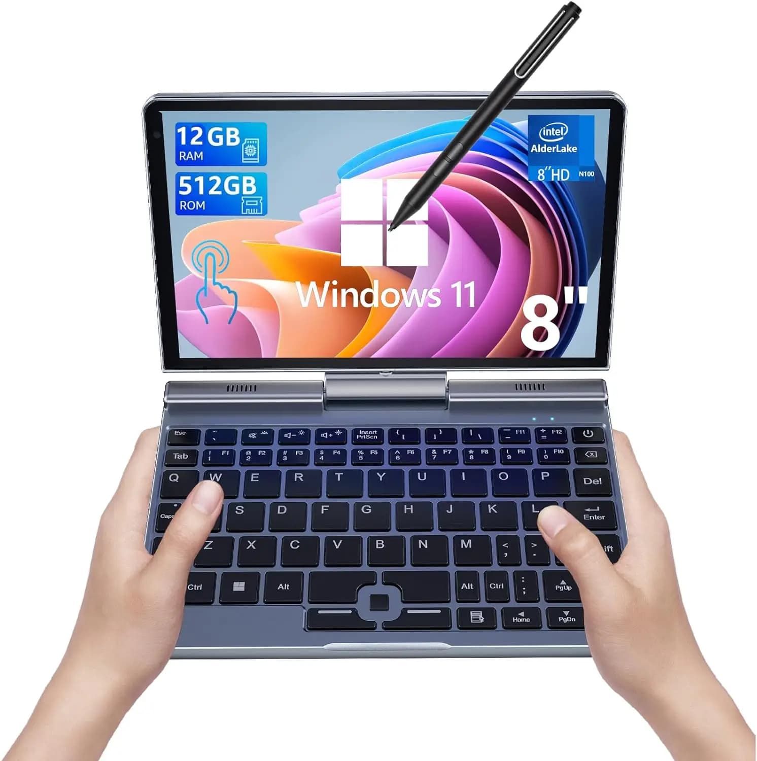 Mini laptop portátil com tela de 8 polegadas, Windows 11, 12GB RAM, 512GB ROM, cinza