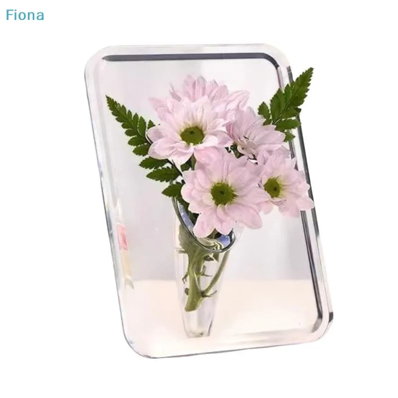 Vaso acrílico transparente para fotos e flores hidropônicas com flores brancas e folhas verdes