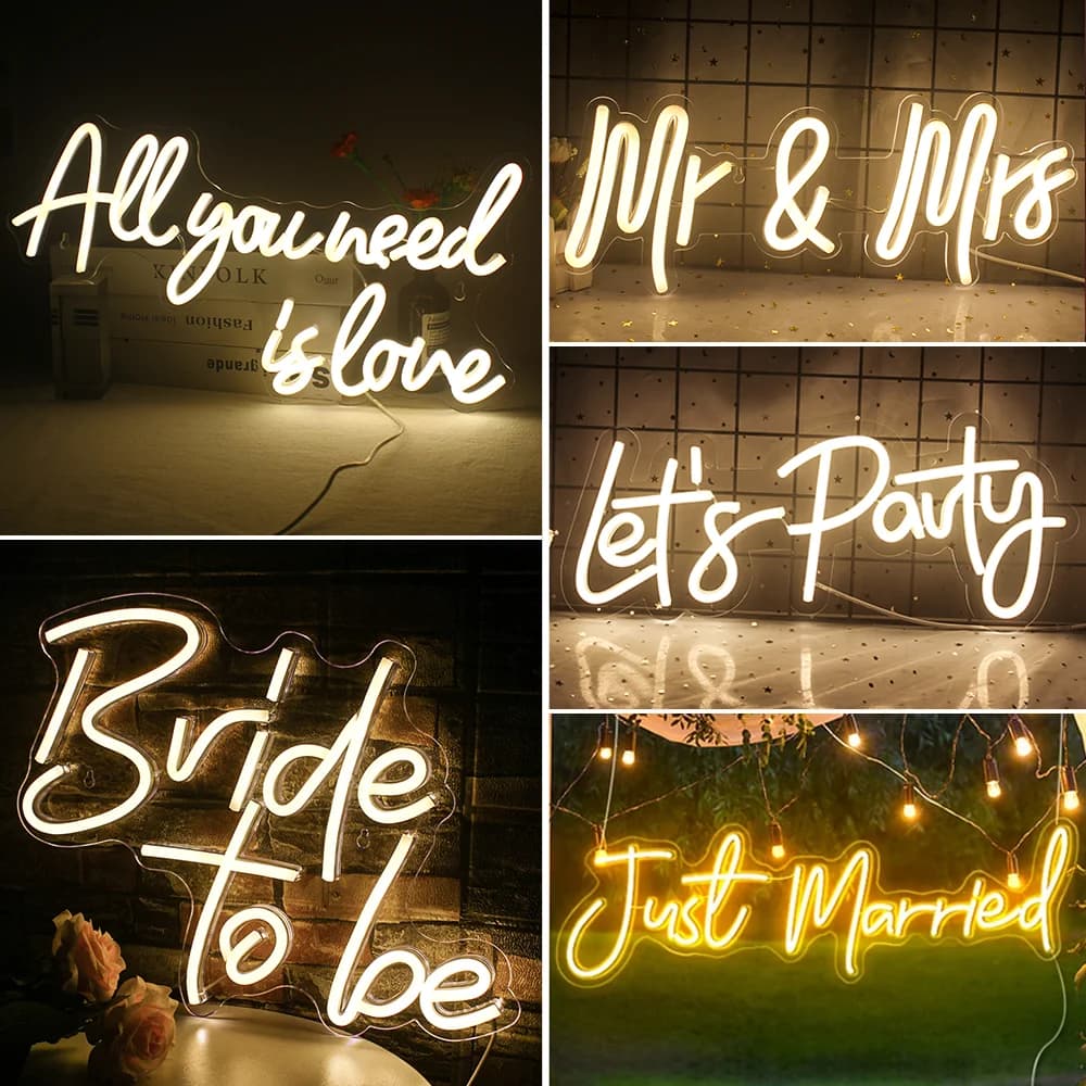 Sinal de néon 'Just Married' branco, iluminação amarela brilhante