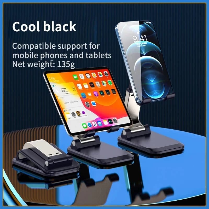 Suporte dobrável portátil para celular e tablet em ABS preto com design compacto e peso leve de 135g