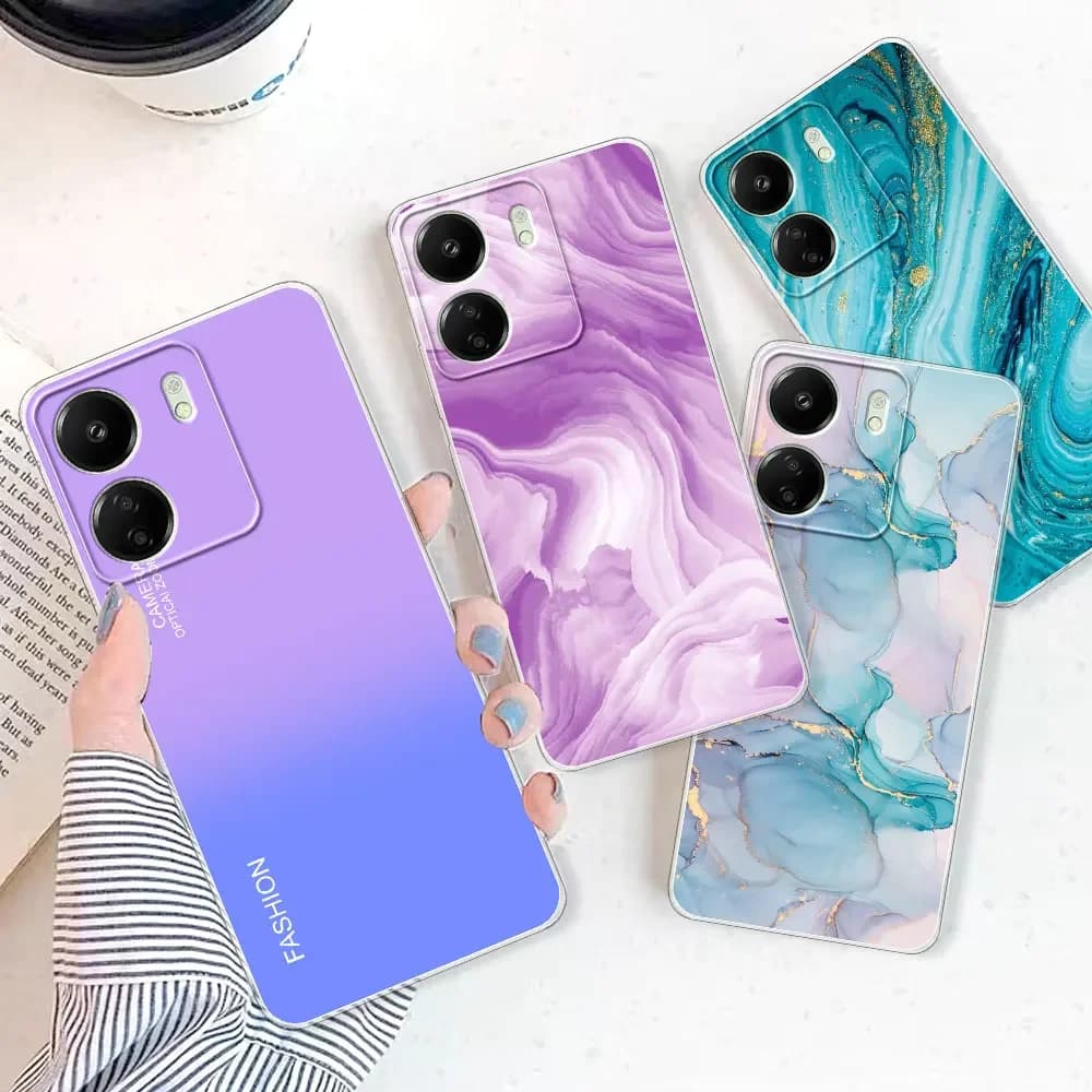Capas para celular Xiaomi Poco C65 C55 C51 C50 em silicone flexível transparente com design roxo e azul