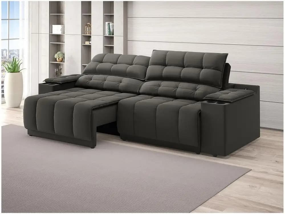 Sofá reclinável de três lugares em velosuede preto, moderno e elegante.