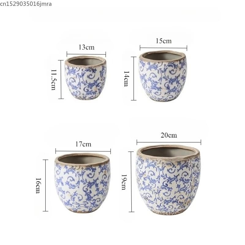 Medidas dos vasos cerâmicos vintage azul e branco em diferentes tamanhos para jardim