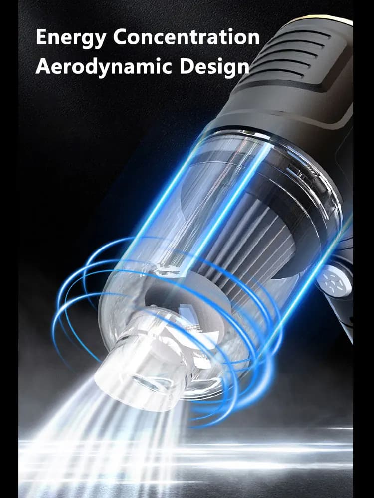 Design aerodinâmico do aspirador de pó portátil Lenovo com filtro transparente e fluxo de ar concentrado