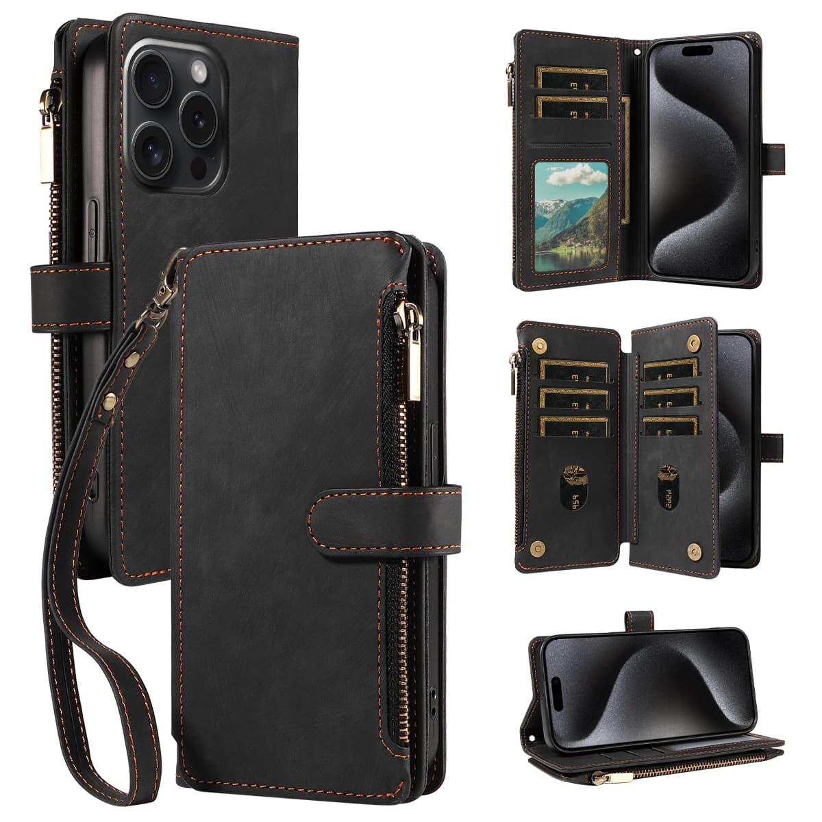 Capa de couro PU preto para Xiaomi com slots para cartão e zíper