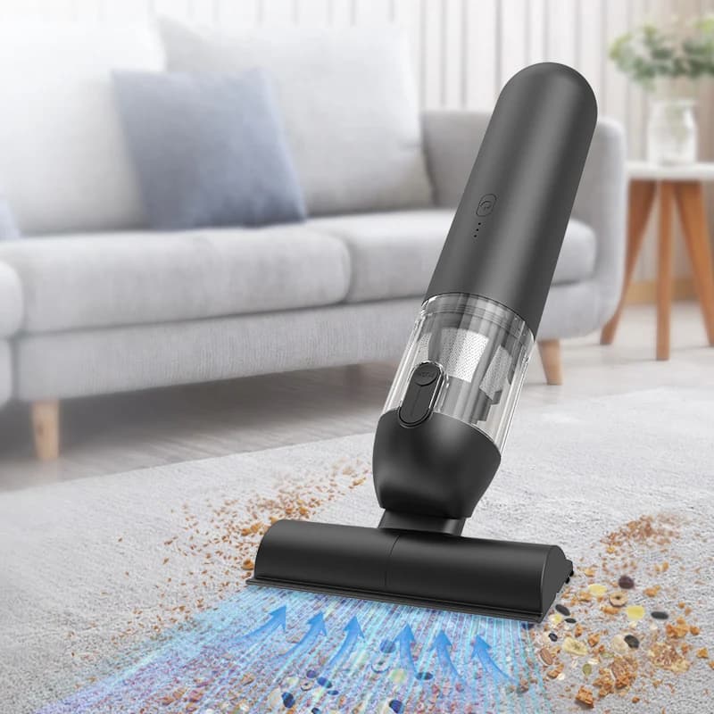 Aspirador de pó portátil sem fio 4 em 1 em funcionamento em uma sala com carpete