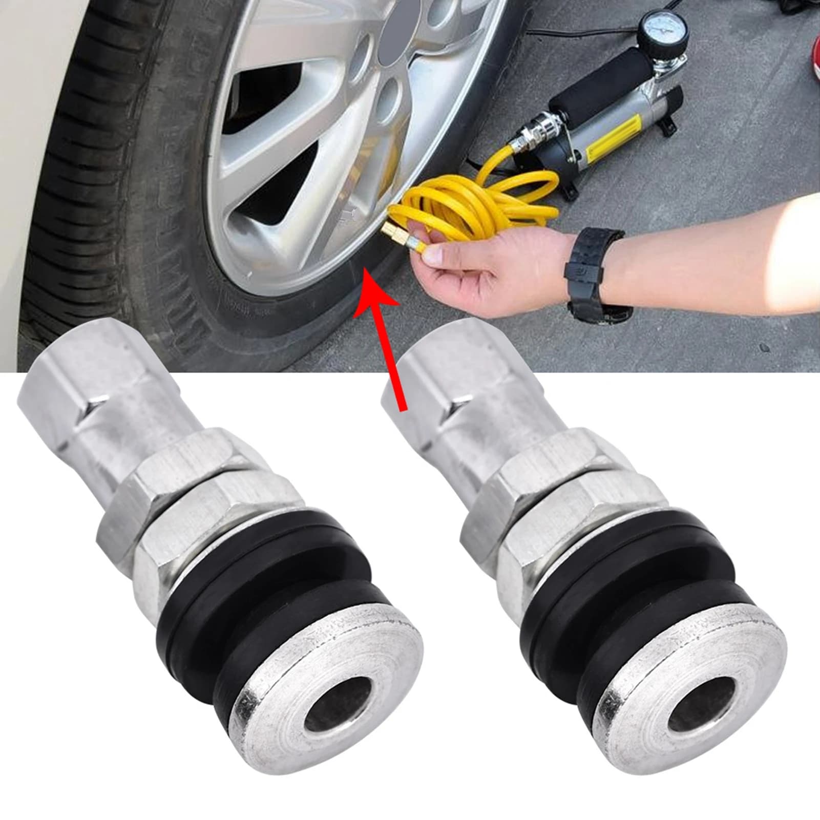 Válvula metálica TR161 instalada em pneu de carro com compressor de ar para calibragem