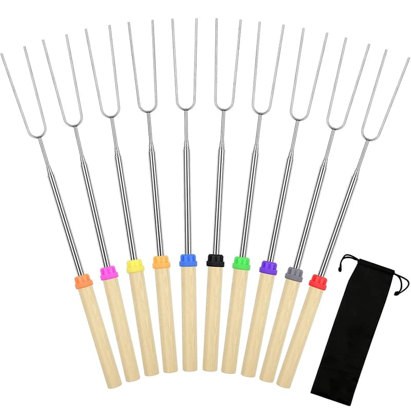 5 espetos extensíveis de metal para acampamento com alças coloridas
