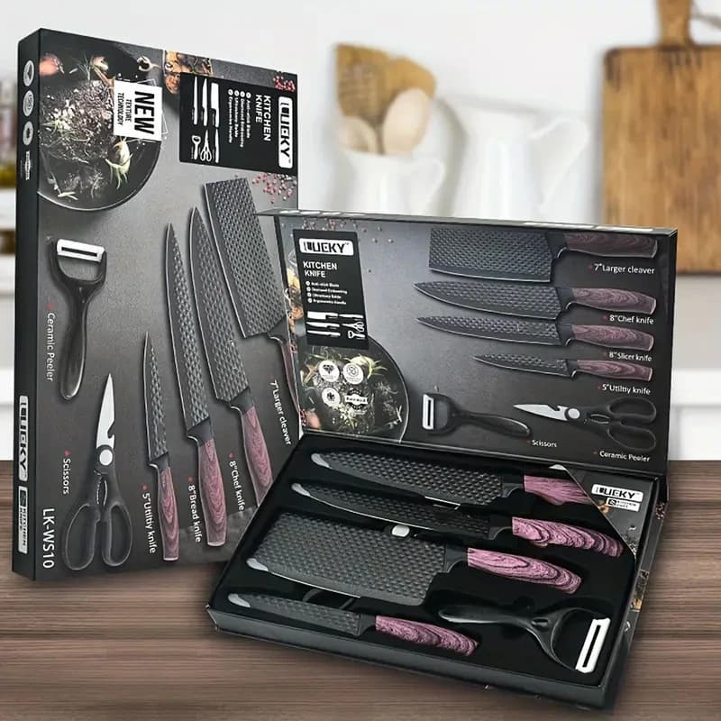 Conjunto de faca de cozinha profissional com seis peças, facas de chef, lâminas afiadas, facas de carne e salmão, utensílios de cozinha, cabos roxos, lâminas pretas, caixa preta com detalhes em roxa e branco.