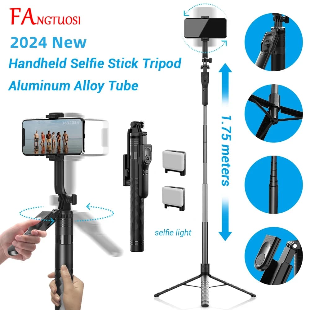 Fangtuosi 1750mm sem fio selfie vara tripé dobrável monopé com luz led para smartphones equilíbrio tiro constante ao vivo