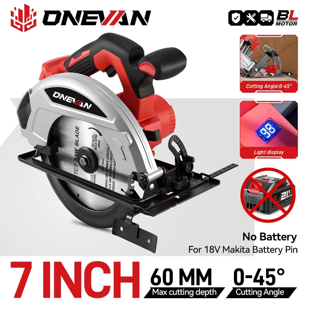 Onevan 4000w serra circular elétrica sem escova 7 Polegada sem fio recarregável portátil ferramenta de corte madeira para makita bateria pino