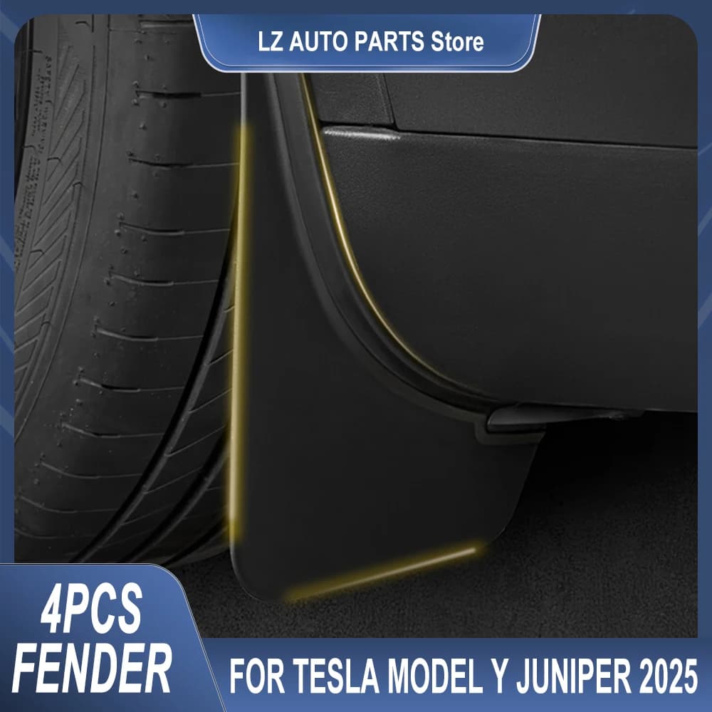 Protetores de para-lama pretos com acabamento amarelo para Tesla Model Y Juniper 2025, 4 peças
