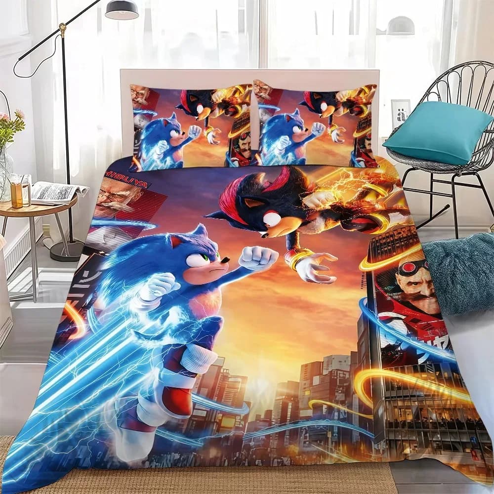 Capa de edredom preto com estampa Sonic e Shadow em luta, conjunto 3 peças algodão macio para cama
