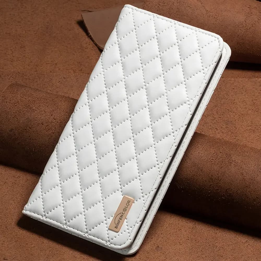 Capa de couro para smartphone estilo livro com design de quilting branco