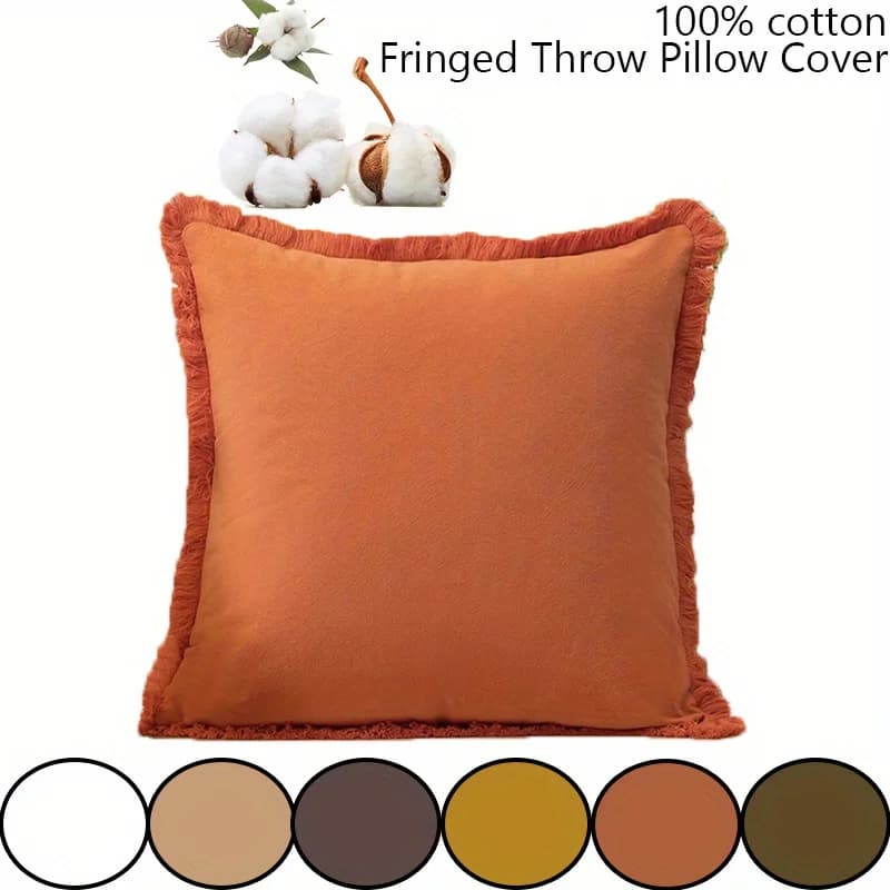 Capa de almofada 100% algodão com franjas estilo boho, cor laranja, para sofá.